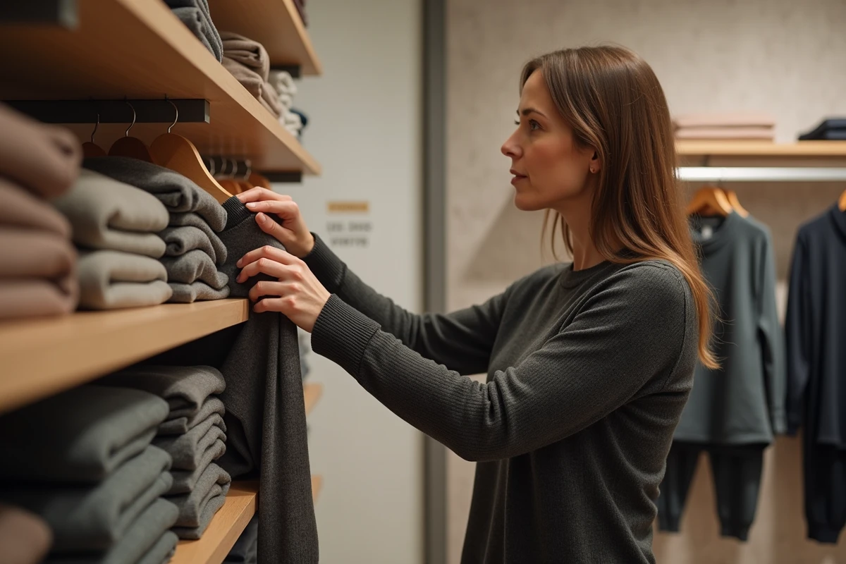 Femme regardant un pull thermique dans un magasin moderne