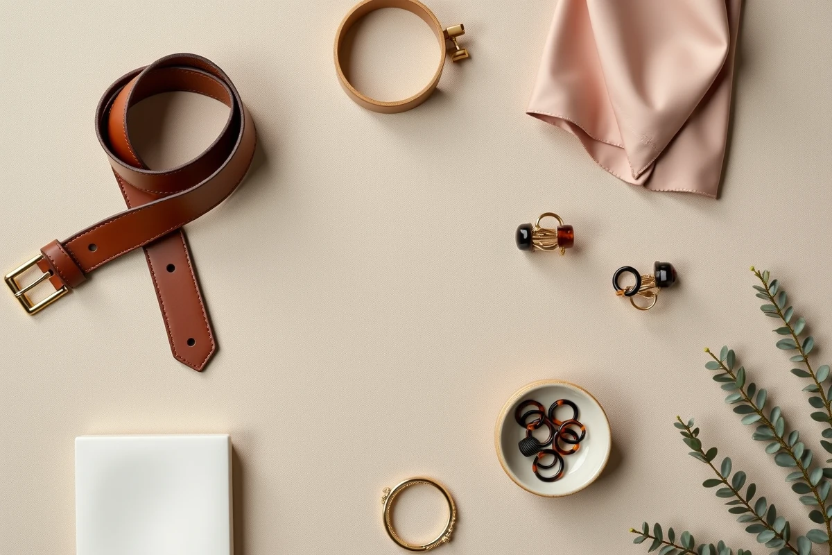 Mise à plat soignée d'accessoires de mode premium incluant ceinture en cuir, bracelet doré, barrettes et pochette en soie sur fond de lin texturé