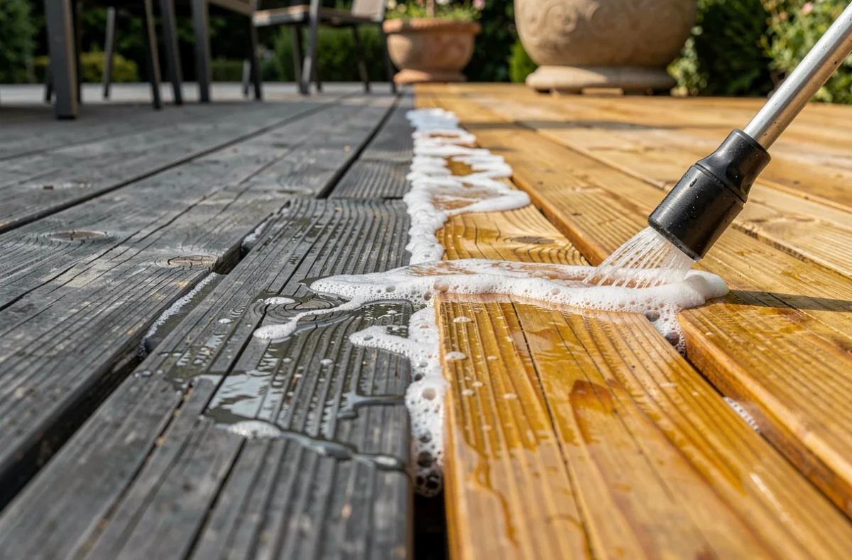 Gros plan sur une terrasse en bois en cours de nettoyage au nettoyeur haute pression, contraste entre bois sale et bois propre