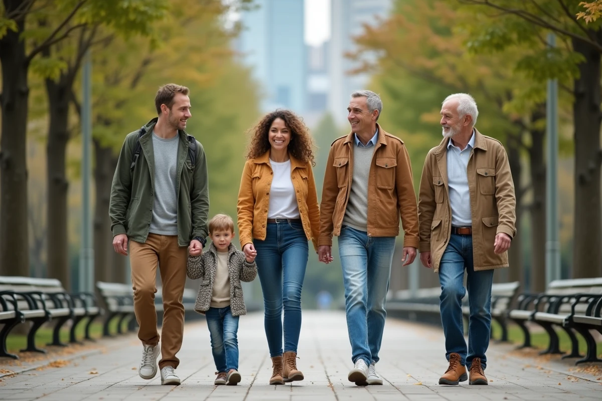 Groupe multiculturel marchant dans un parc urbain