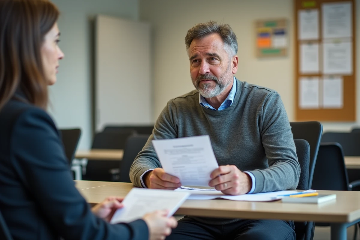 Homme attentif recevant un dépliant dans un bureau social