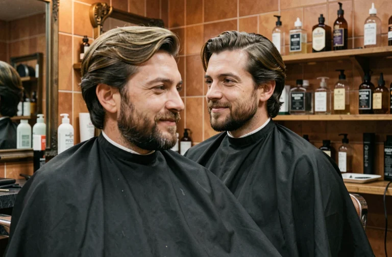 Homme aux cheveux bruns et à la barbe soignée assis dans un fauteuil de barbier moderne, illustrant les conseils d'entretien des cheveux et de la barbe