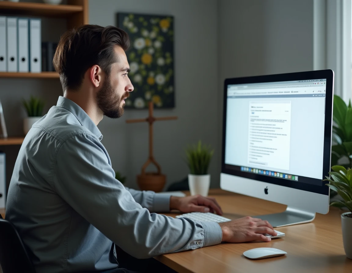 Homme travaillant depuis chez lui pour suivre son dossier administratif CNAPS sur un ordinateur de bureau