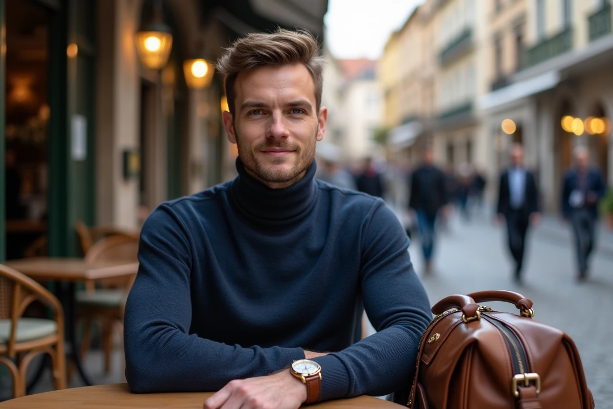 Homme élégant attablé en terrasse de café avec montre en cuir, sac weekender et lunettes de soleil comme accessoires du quotidien