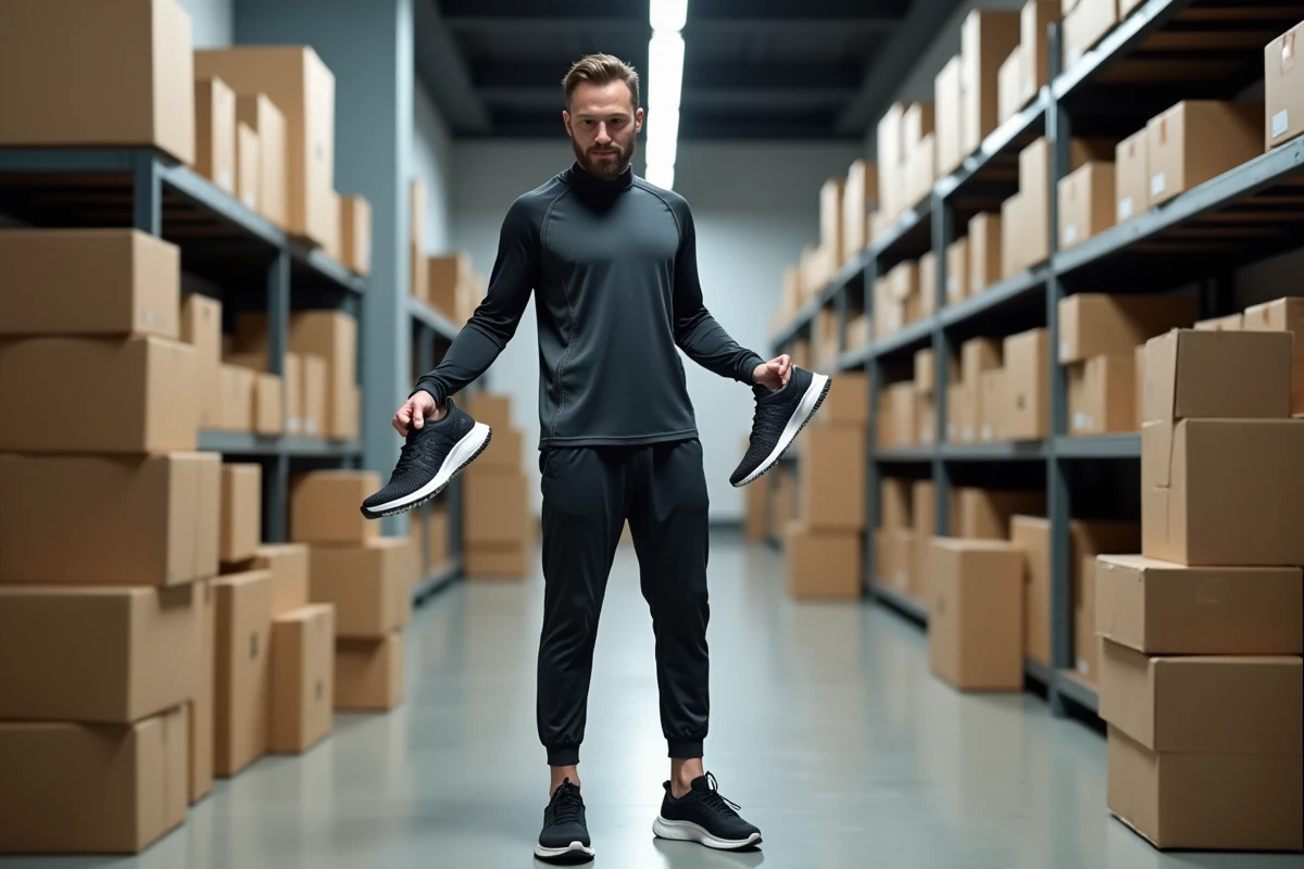 Homme comparant deux paires de chaussures de sport dans le couloir