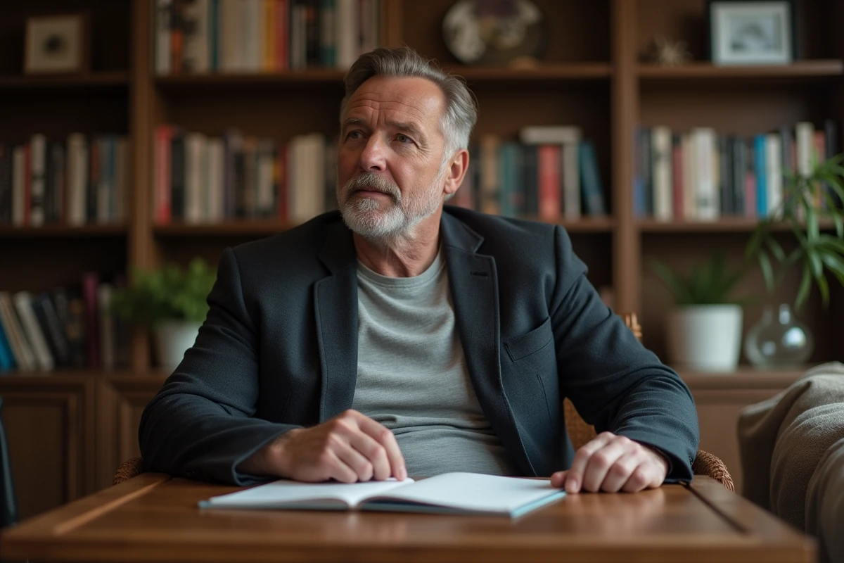 Homme mature assis dans un salon avec livres et ambiance chaleureuse