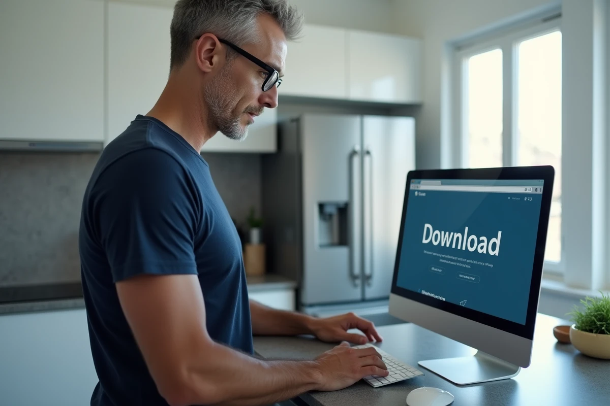 Homme d'âge mûr consultant un site de téléchargement sur un ordinateur de bureau dans une cuisine moderne