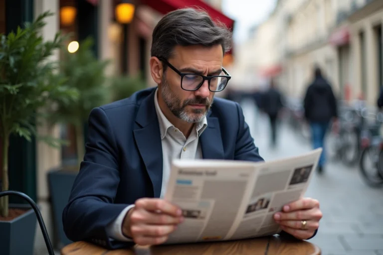 Homme français lisant journal dans un café parisien