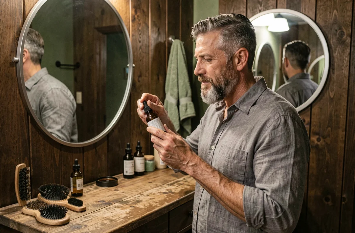 Homme mature aux cheveux poivre et sel appliquant de l'huile à barbe devant un meuble vasque en bois, illustrant les soins de la barbe à domicile