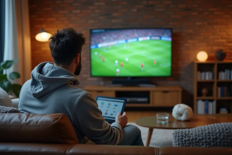 Homme regardant un match de football en streaming sur sa télévision depuis son salon