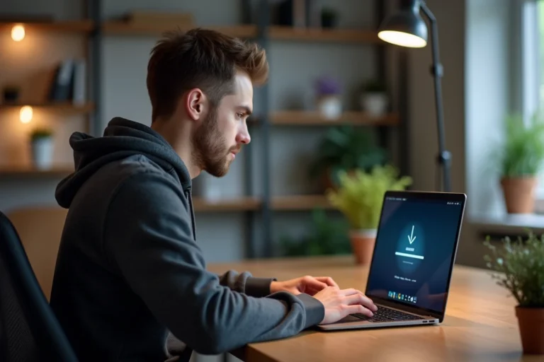 Homme consultant un site de téléchargement en ligne sur son ordinateur portable dans un bureau à domicile