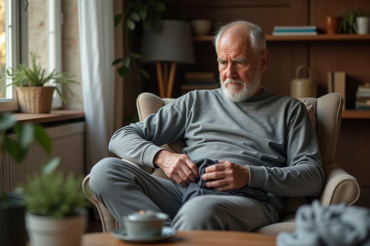 Homme examinant un vêtement thermique à la maison
