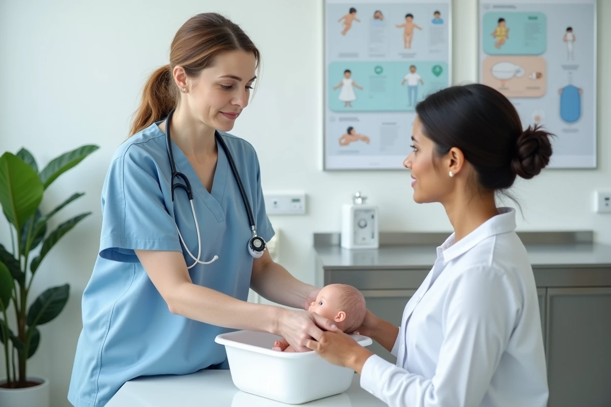 Infirmière pédiatrique démontrant les techniques de bain à une jeune mère dans une maternité moderne