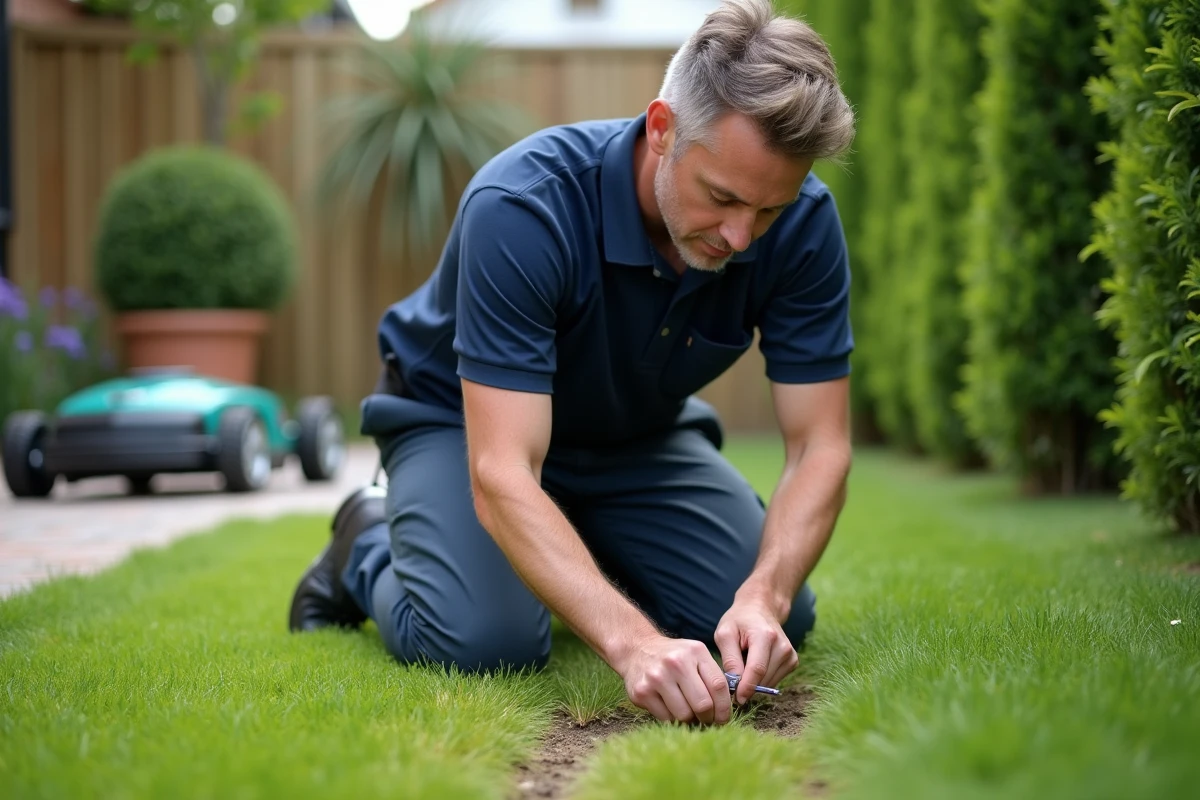Technicien installant le câble périphérique d'un robot tondeuse dans un jardin résidentiel lors de l'installation gratuite