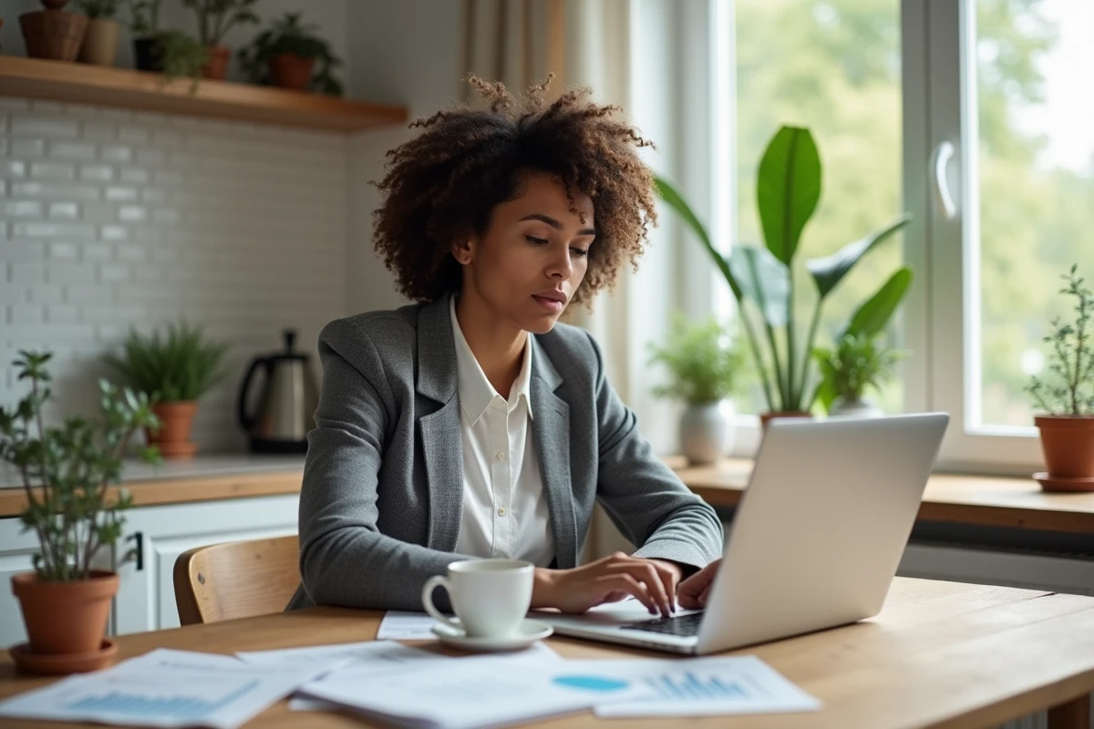 Femme investisseuse consultant son portefeuille boursier sur ordinateur depuis son domicile