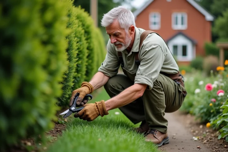 Jardinier professionnel en train de tailler une haie dans un jardin résidentiel bien entretenu