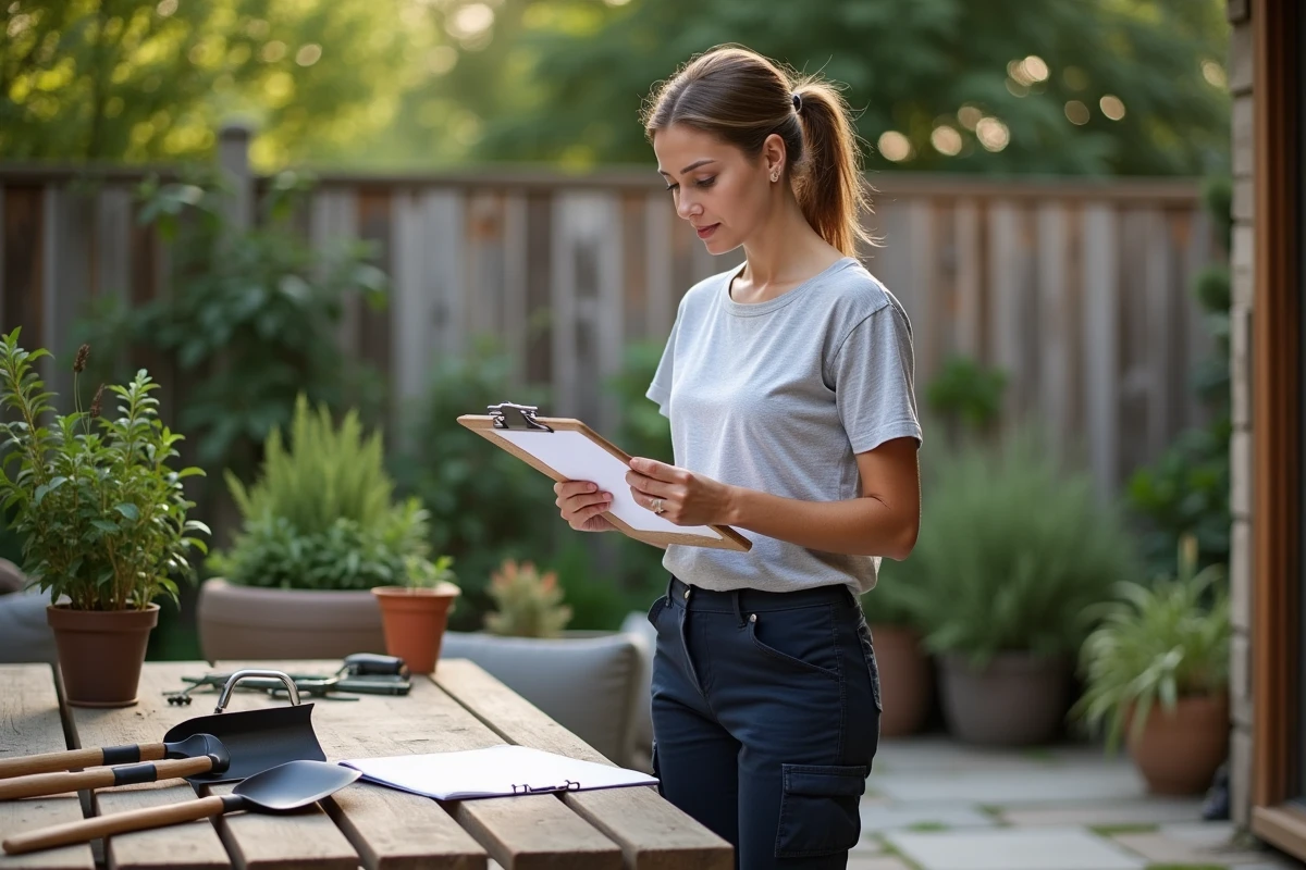 Jardinière examinant un devis de prestation sur un carnet dans un jardin avec outils professionnels