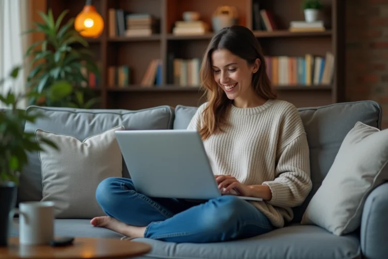 Jeune femme souriante sur un canapé cosy avec ordinateur portable
