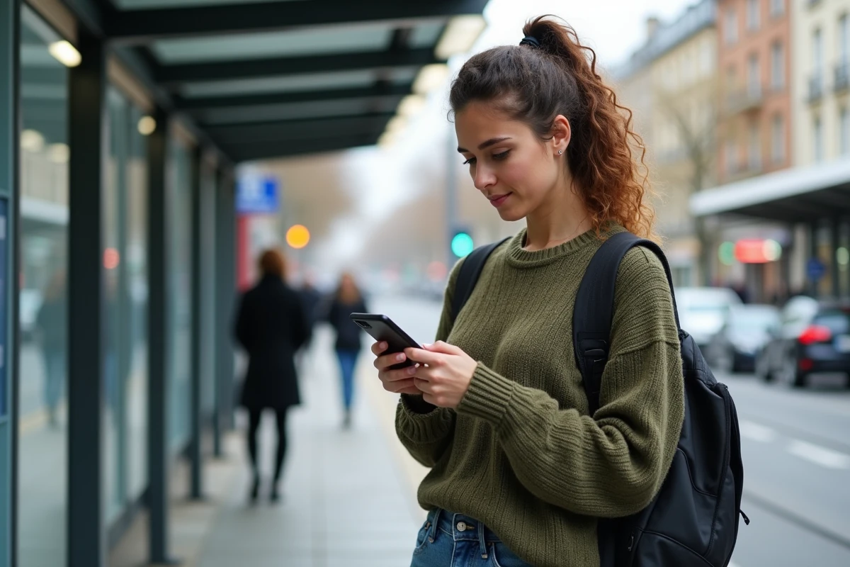 Jeune femme française utilisant smartphone à un arrêt de tram