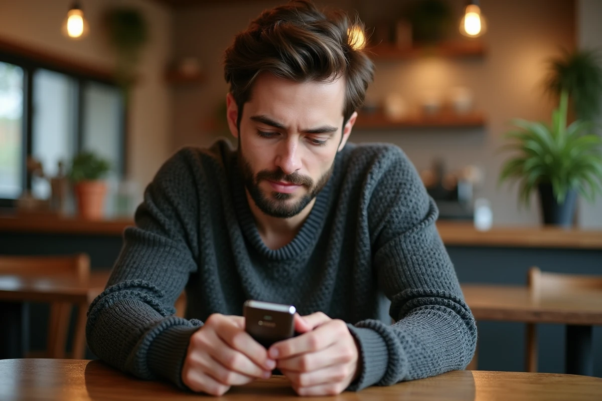 Jeune homme dans un café avec e-cigarette en main