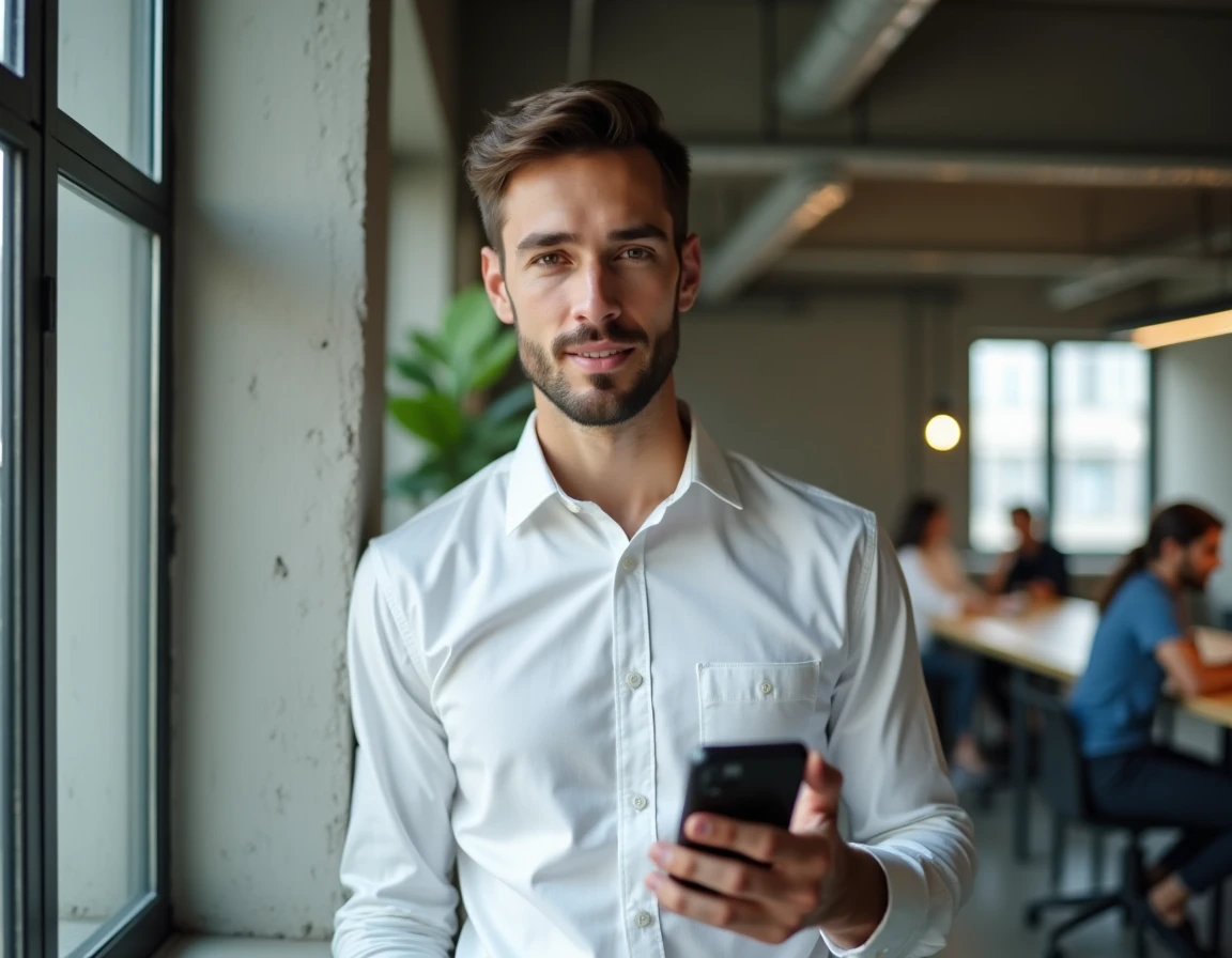 Jeune professionnel consultant son dossier CNAPS en ligne sur smartphone dans un espace de coworking