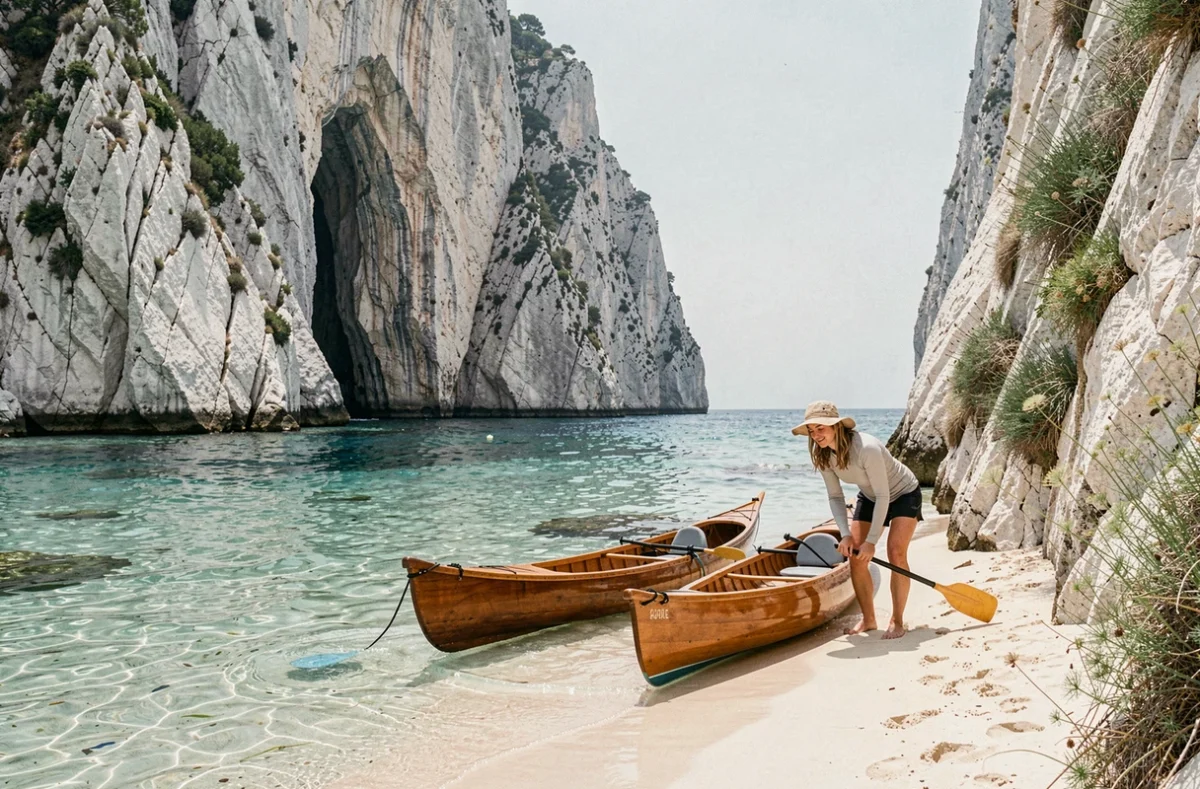 Kayak accosté sur la plage des 3 Pointes à Bonifacio avec falaises blanches et eau transparente en Corse du Sud