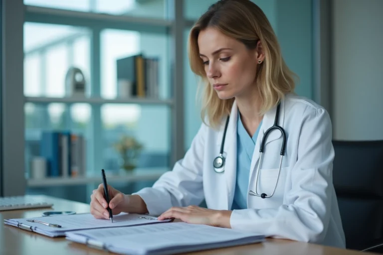 Médecin femme en blouse blanche dans un bureau hospitalier