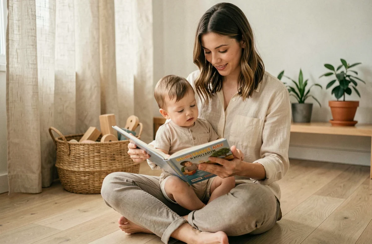 Jeune mère pratiquant une parentalité responsable en lisant un livre avec son tout-petit sur le sol d'un salon naturel et éco-responsable