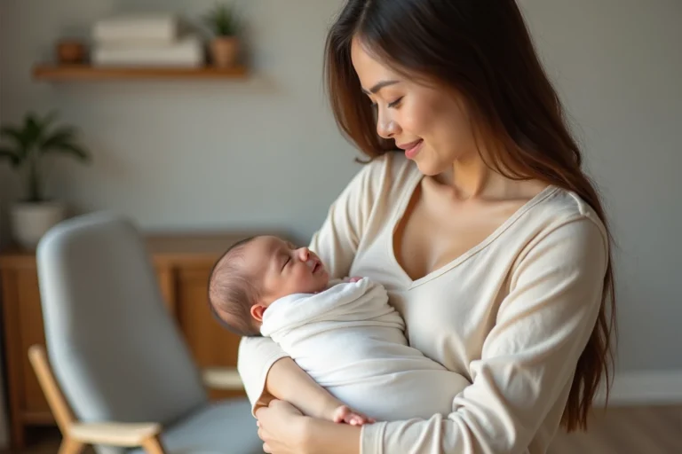 Jeune mère tenant tendrement son nouveau-né dans une chambre de bébé minimaliste et apaisante