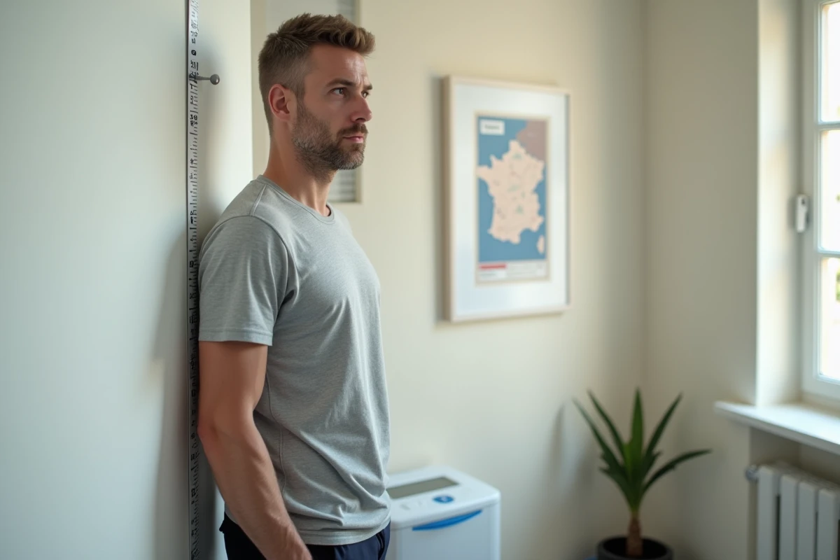 Homme adulte mesuré contre un mètre mural dans un bureau médical français, référence à la taille moyenne masculine en France
