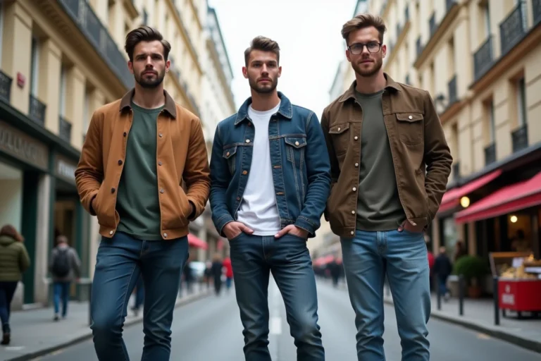 Trois hommes adultes de taille variée debout dans une rue parisienne, illustration de la moyenne de taille en France