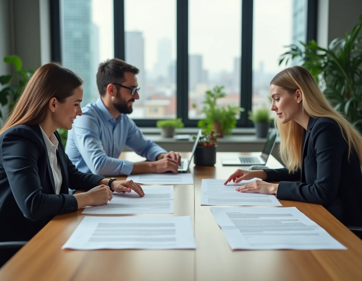 Deux associés discutant d'un contrat de bail commercial avec un agent immobilier dans un espace de coworking moderne