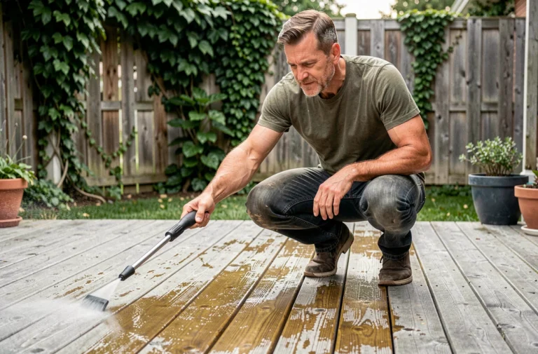 Homme utilisant un Kärcher pour nettoyer une terrasse en bois weathered dans un jardin