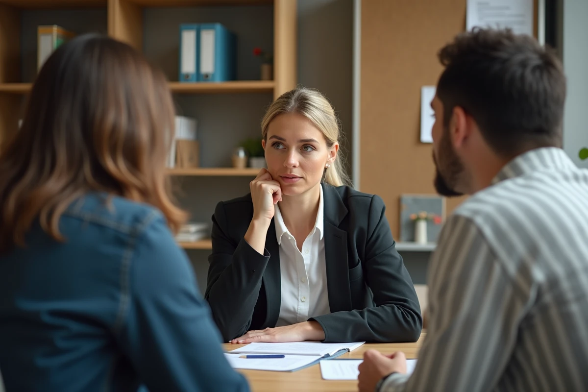 Officier social discute avec couple dans bureau