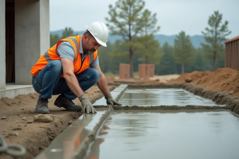 Ouvrier de construction en pleine action de lissage du béton