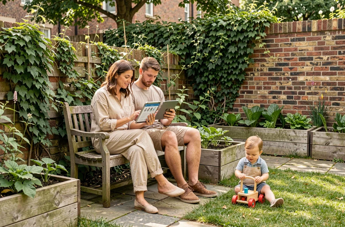 Couple de parents consultant la plateforme Bébé Bonheur sur une tablette dans un jardin urbain, avec leur enfant jouant librement à proximité