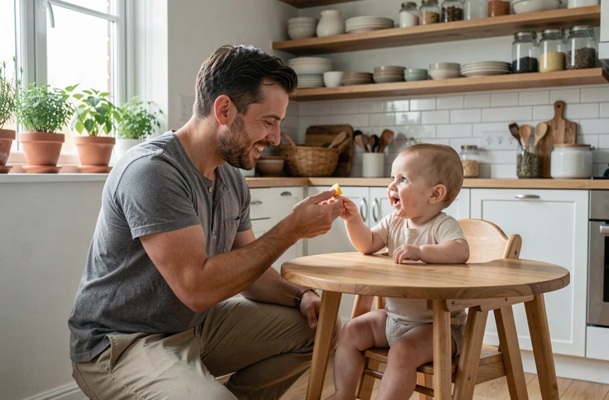 Père attentif nourrissant son bébé avec des aliments biologiques dans une cuisine éco-responsable, illustrant une parentalité éthique au quotidien