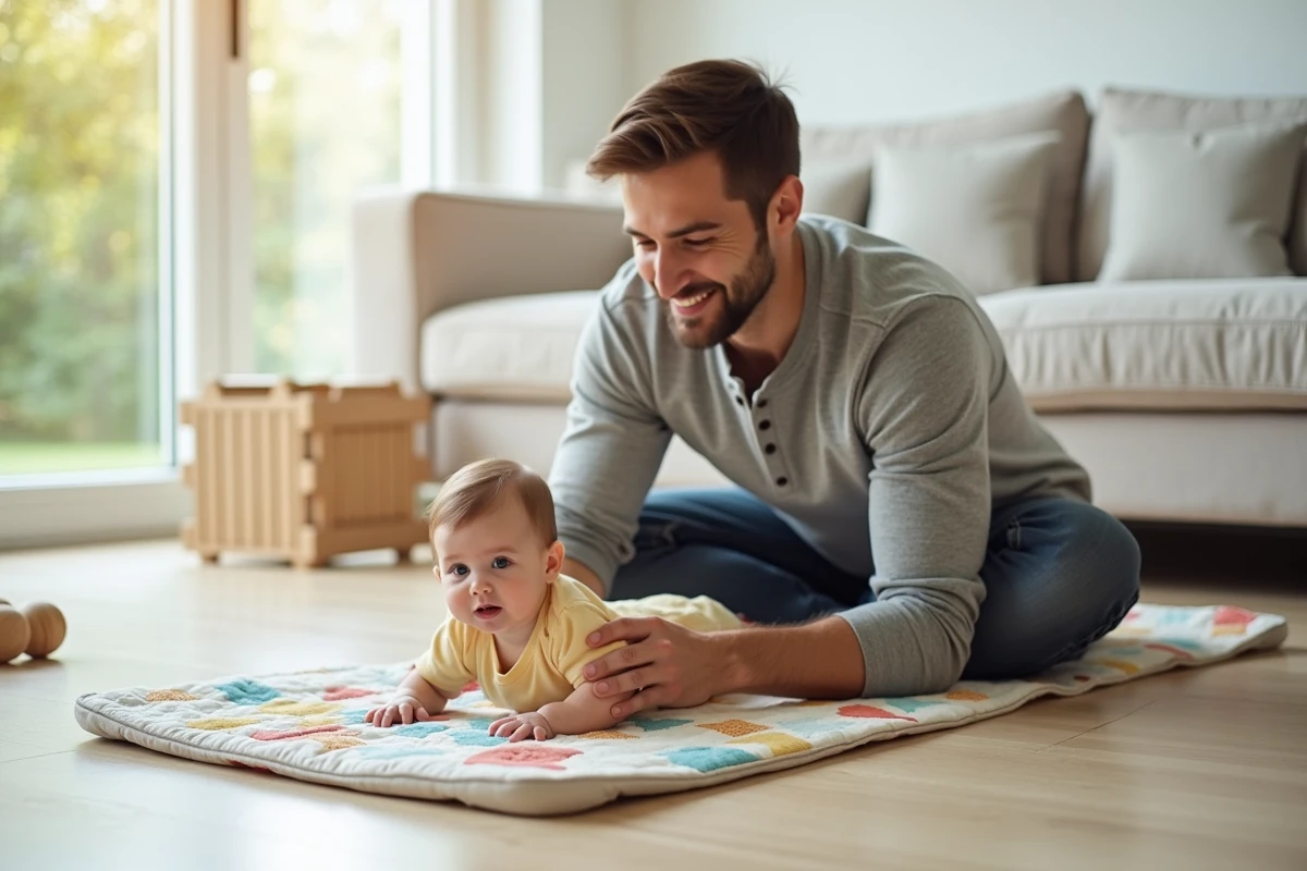 Père encourageant son bébé lors d'une séance de temps sur le ventre sur un tapis de jeu coloré