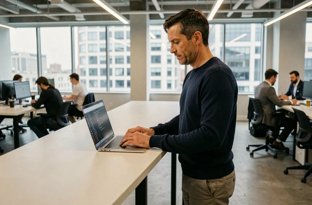 Homme professionnel travaillant sur des outils web innovants dans un espace de co-working moderne avec vue urbaine