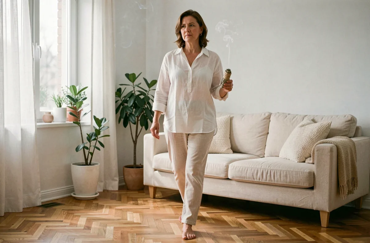 Femme tenant un bâton de sauge blanche allumé pour purifier son salon de mauvaises énergies