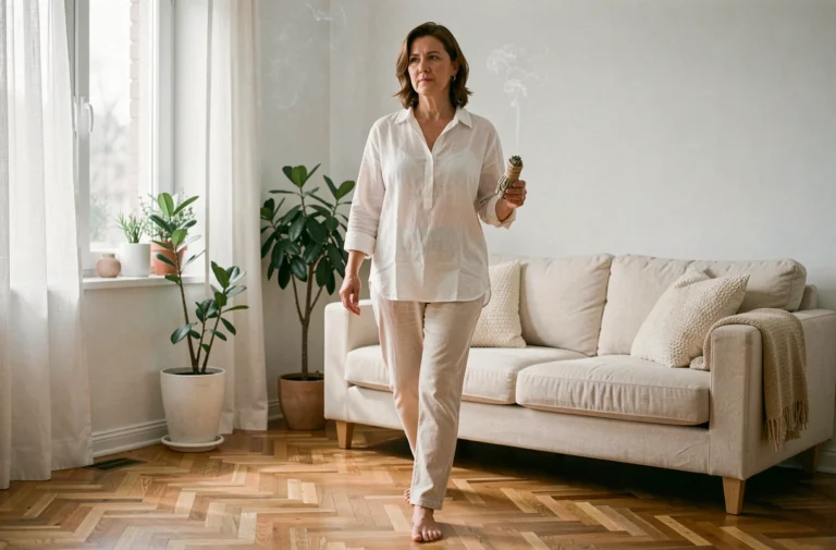 Femme tenant un bâton de sauge blanche allumé pour purifier son salon de mauvaises énergies