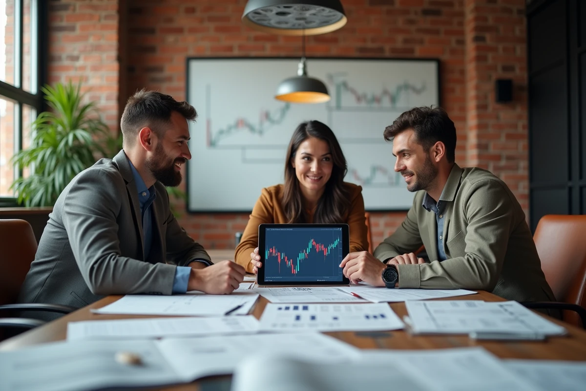 Groupe de professionnels discutant de stratégies d'investissement en bourse autour d'une table de réunion