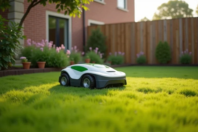 Robot tondeuse autonome en train de tondre une pelouse de jardin pavillonnaire avec bordures et massifs fleuris