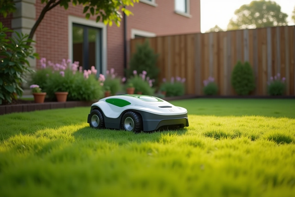 Robot tondeuse autonome en train de tondre une pelouse de jardin pavillonnaire avec bordures et massifs fleuris