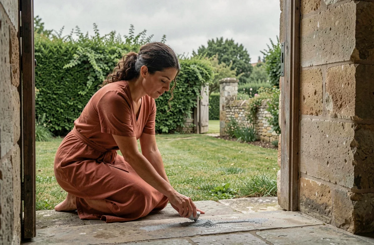 Femme versant du sel au seuil d'une maison de campagne pour éloigner les mauvais esprits