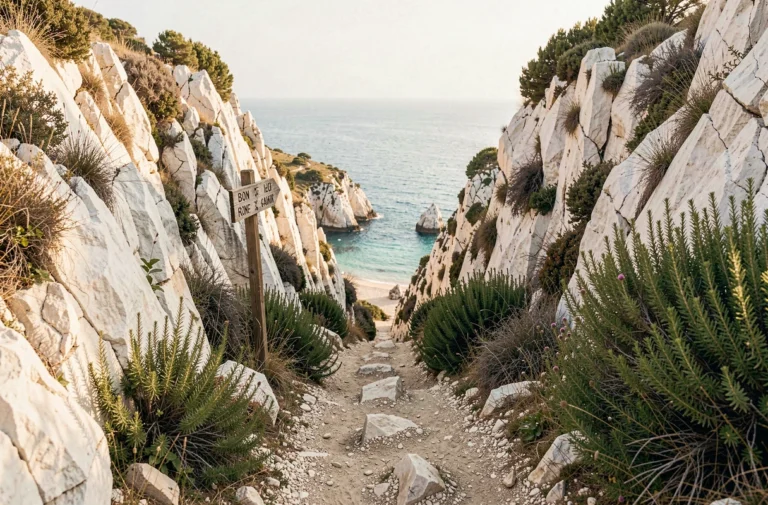 Sentier rocheux menant à la plage des 3 Pointes à Bonifacio avec falaises calcaires blanches et eau turquoise en Corse