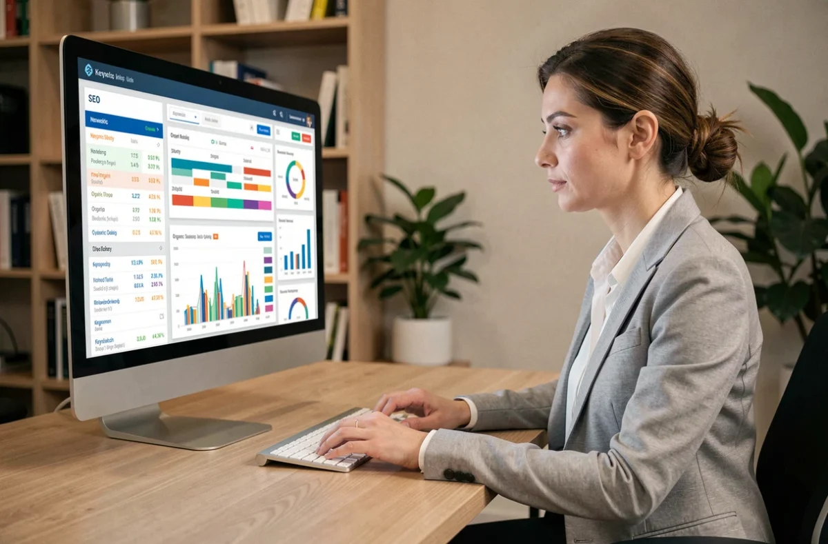 Femme professionnelle analysant des tableaux de bord SEO sur un écran d'ordinateur dans un bureau moderne en 2024