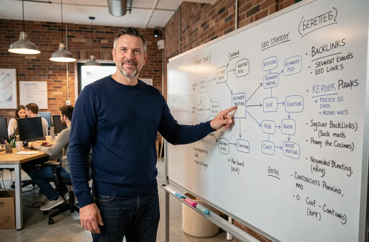 Homme présentant une stratégie SEO sur un tableau blanc dans un espace de coworking avec schémas de mots-clés et plan de contenu