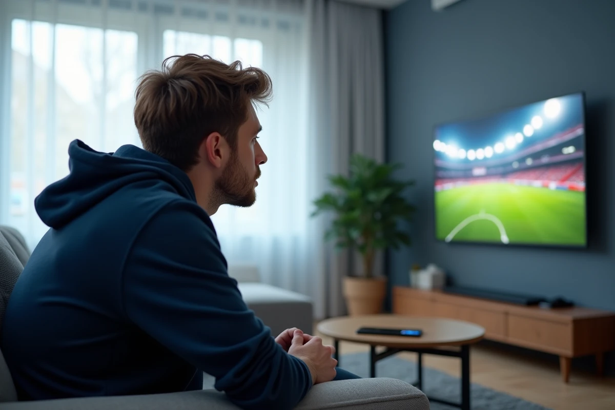 Jeune homme regardant un match de sport en streaming sur sa télévision dans un salon moderne