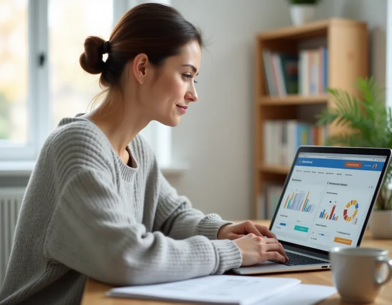 Femme utilisant un tableau de bord d'assurance en ligne sur son ordinateur portable depuis son bureau à domicile pour suivre ses remboursements de sinistres